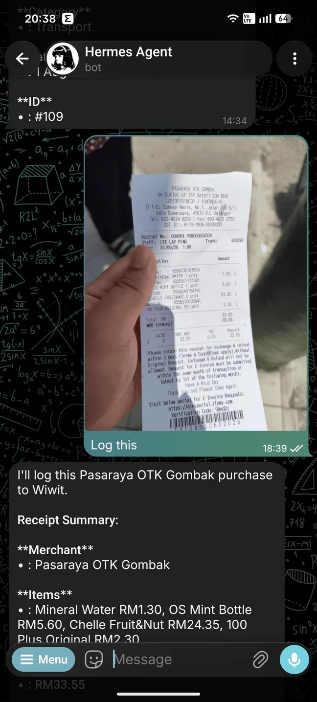 Telegram agent logging a receipt through the Wiwit API